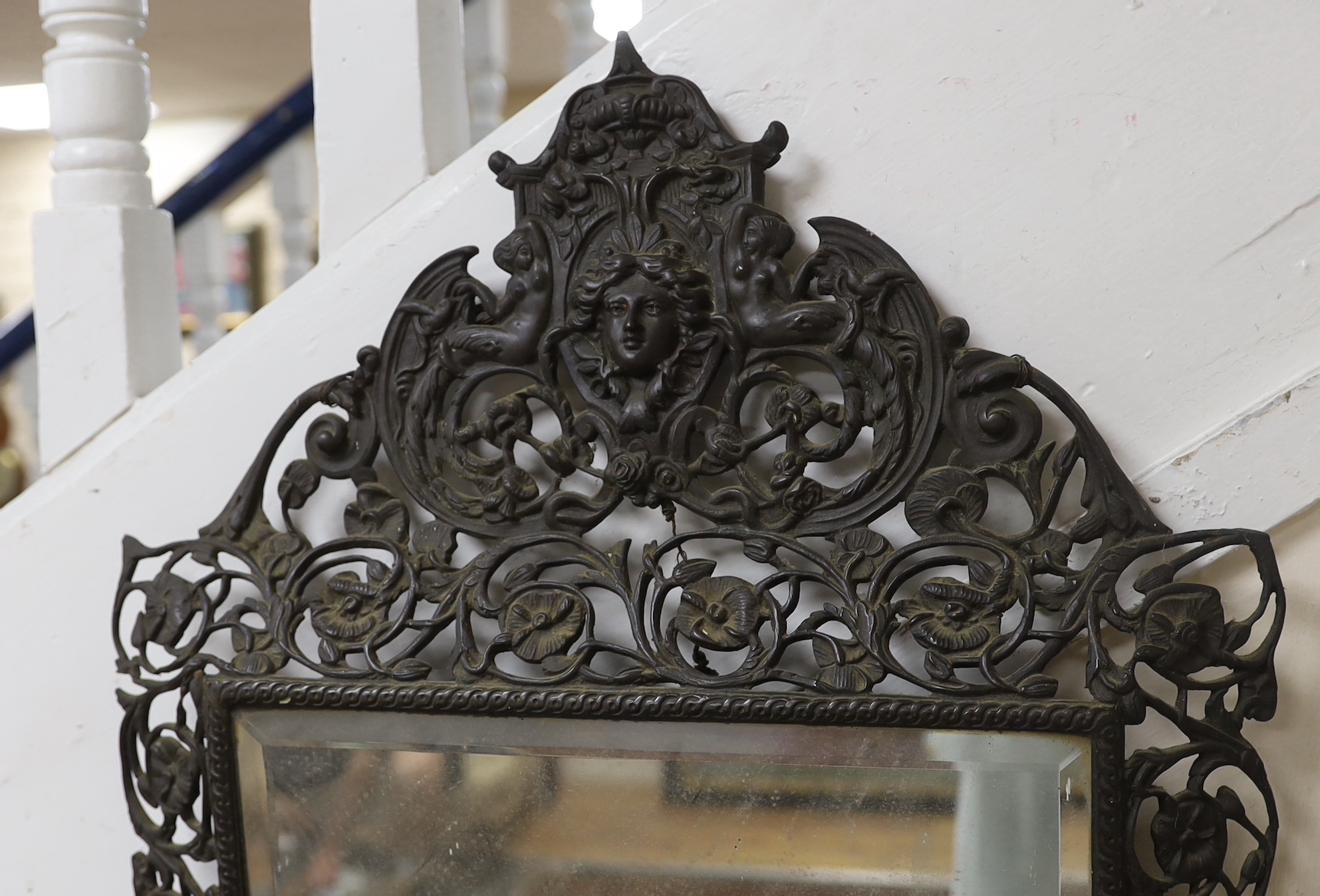 A late 19th century French cast metal girandole wall mirror, width 45cm, height 78cm